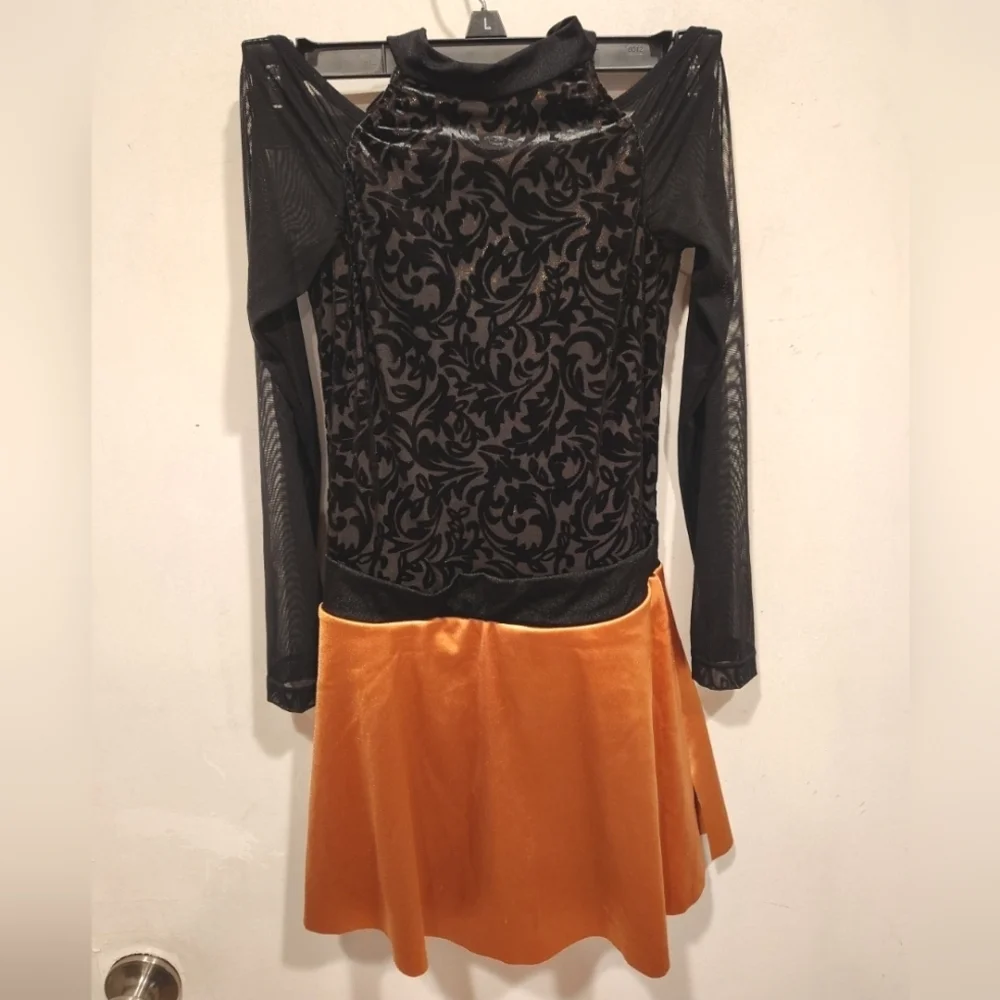 Revolution Black & Copper Jazz Tap Dance Costume Dress Sz L Child Cold Shoulder